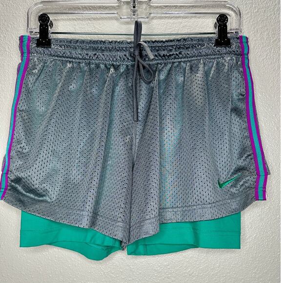Nike Pro Metallic Gray Laser Cut with Green Running Shorts M - Picture 1 of 16